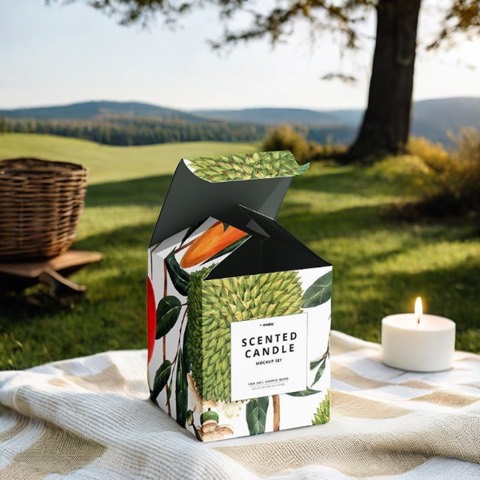 Botanical printed folding carton beside a candle vessel