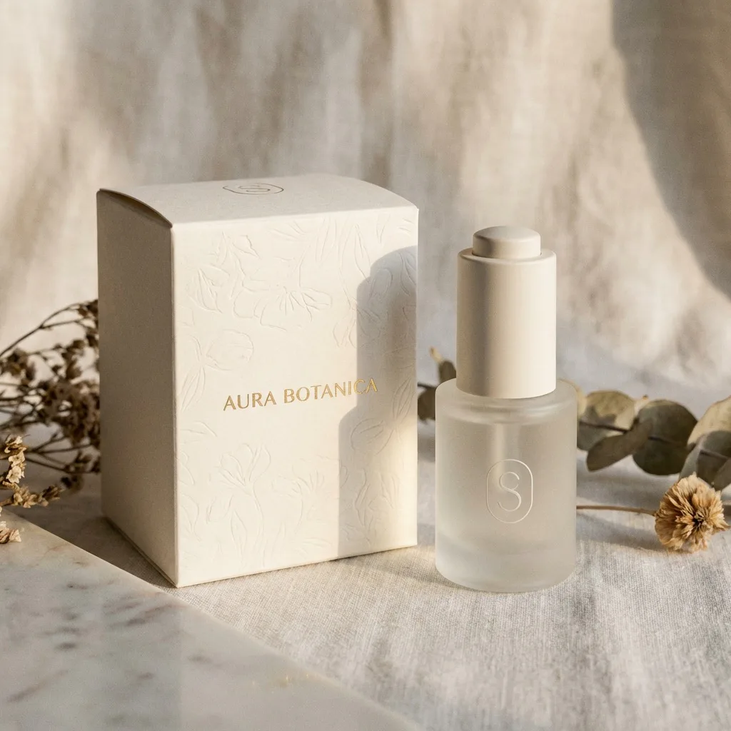 White folding cartons coordinated with cosmetic bottles