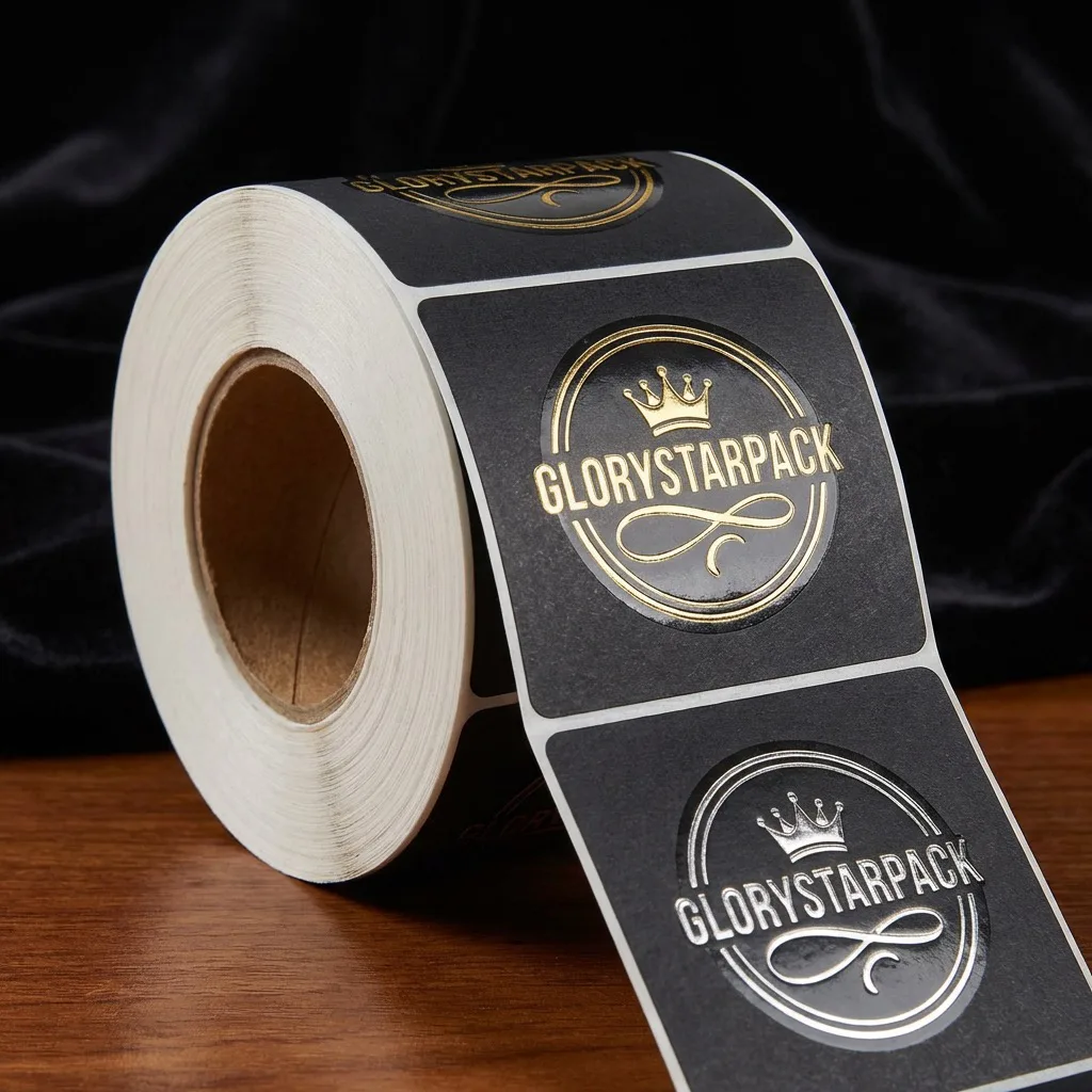 Roll of black custom round labels with gold print