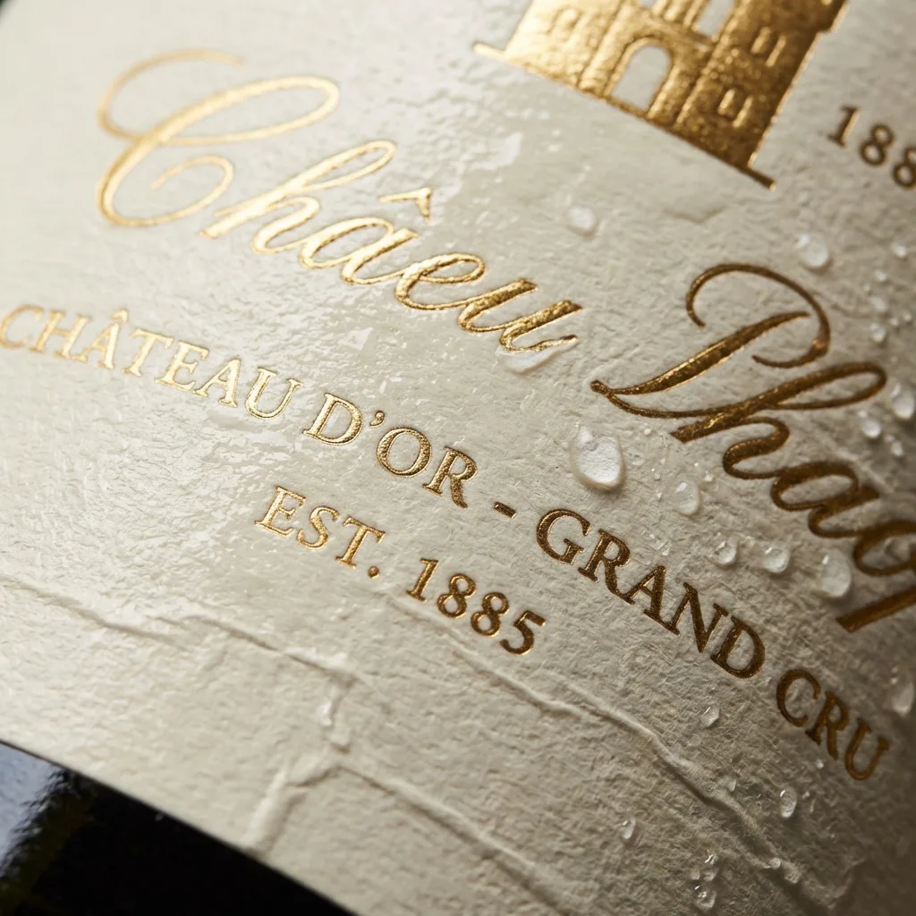 Close-up of gold foil typography on textured paper