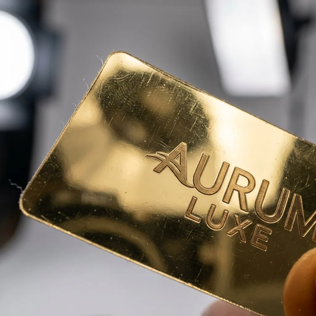 Reflective gold metal label held in hand