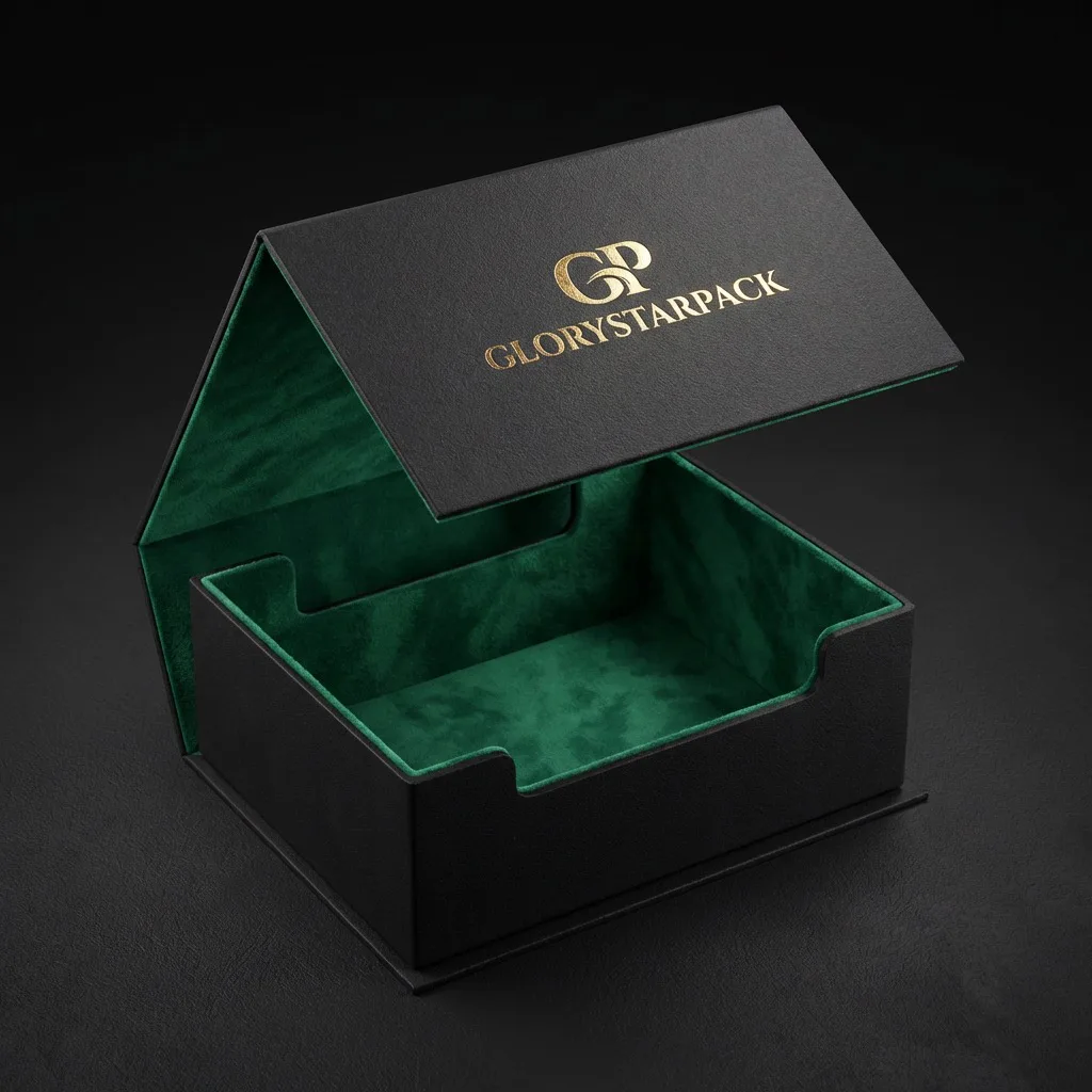 Green magnetic rigid box with a dark fitted interior
