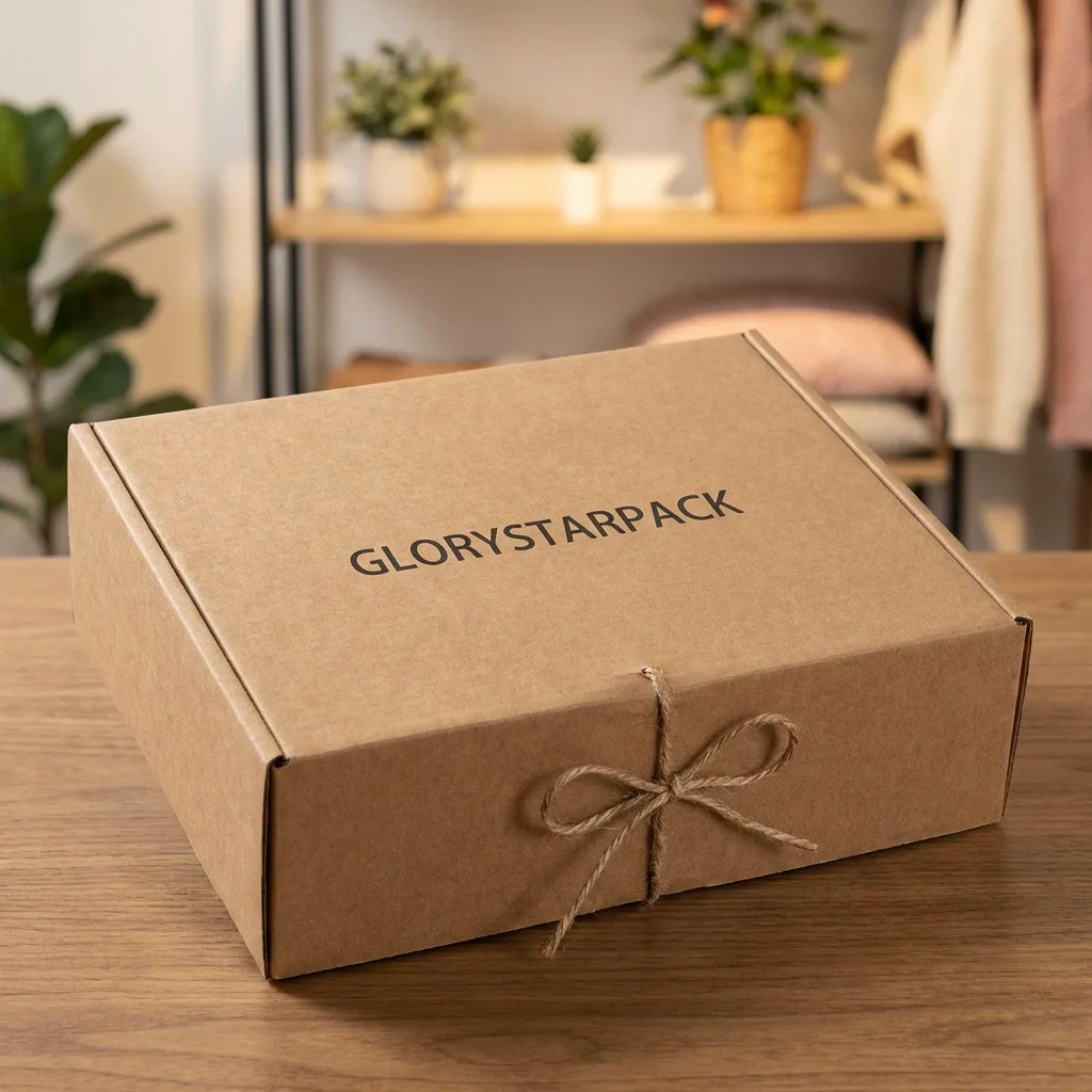 Kraft corrugated mailer box with a printed GloryStarPack logo