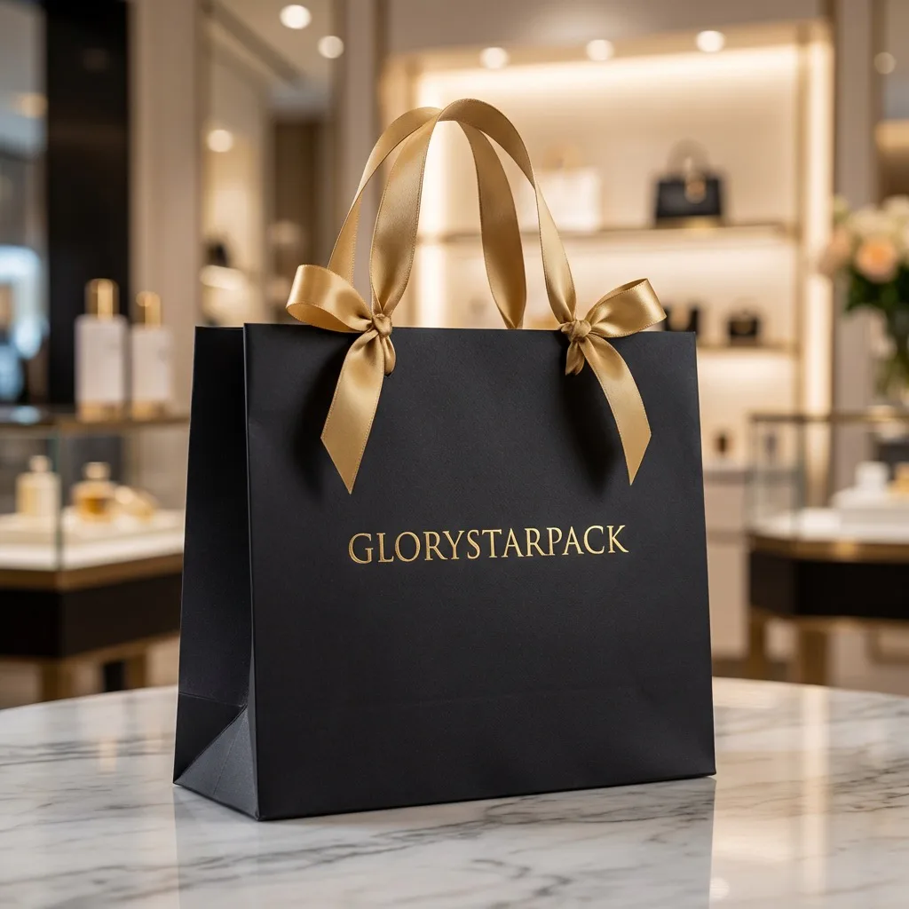 Black custom paper shopping bag with gold handles