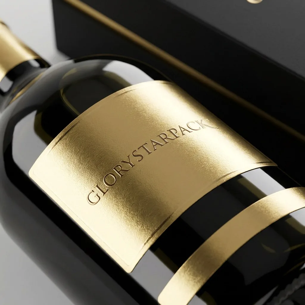 Metallic gold custom label wrapped around a black bottle