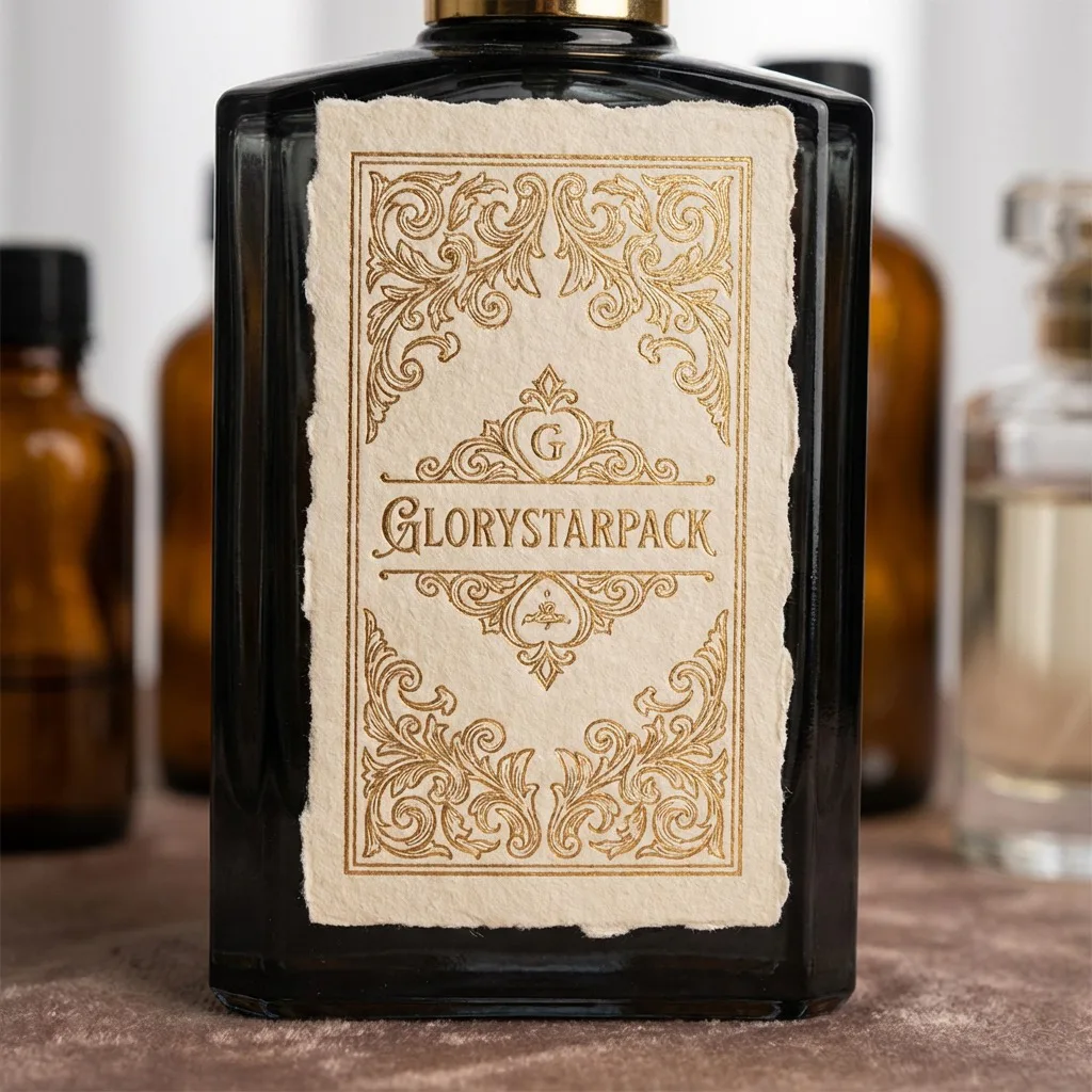Ornate textured label applied to a dark glass bottle