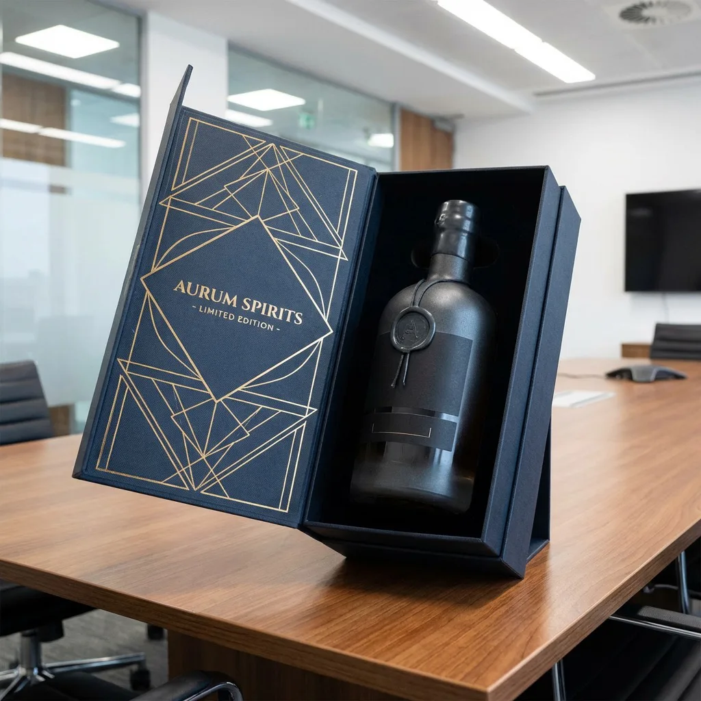 Wine bottle presented in a fitted black gift box