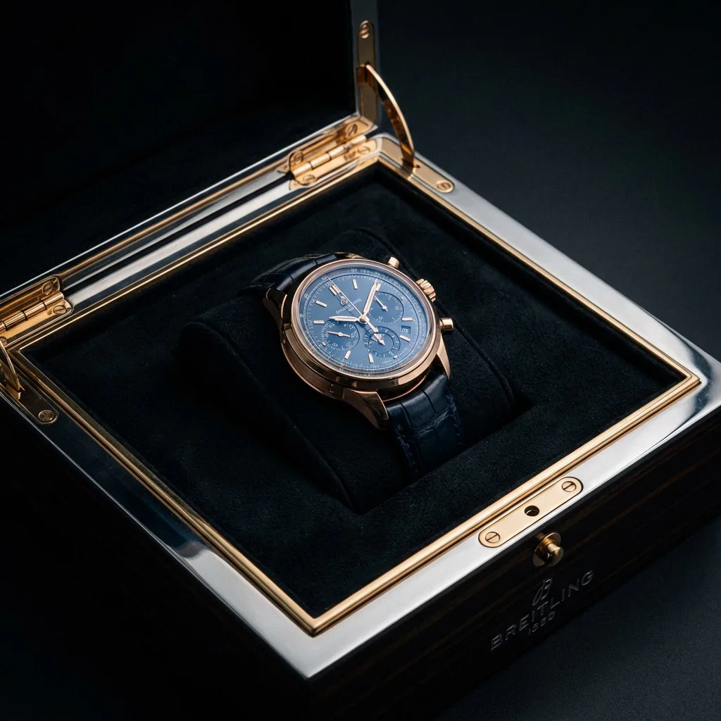 Watch presented inside a fitted custom rigid box