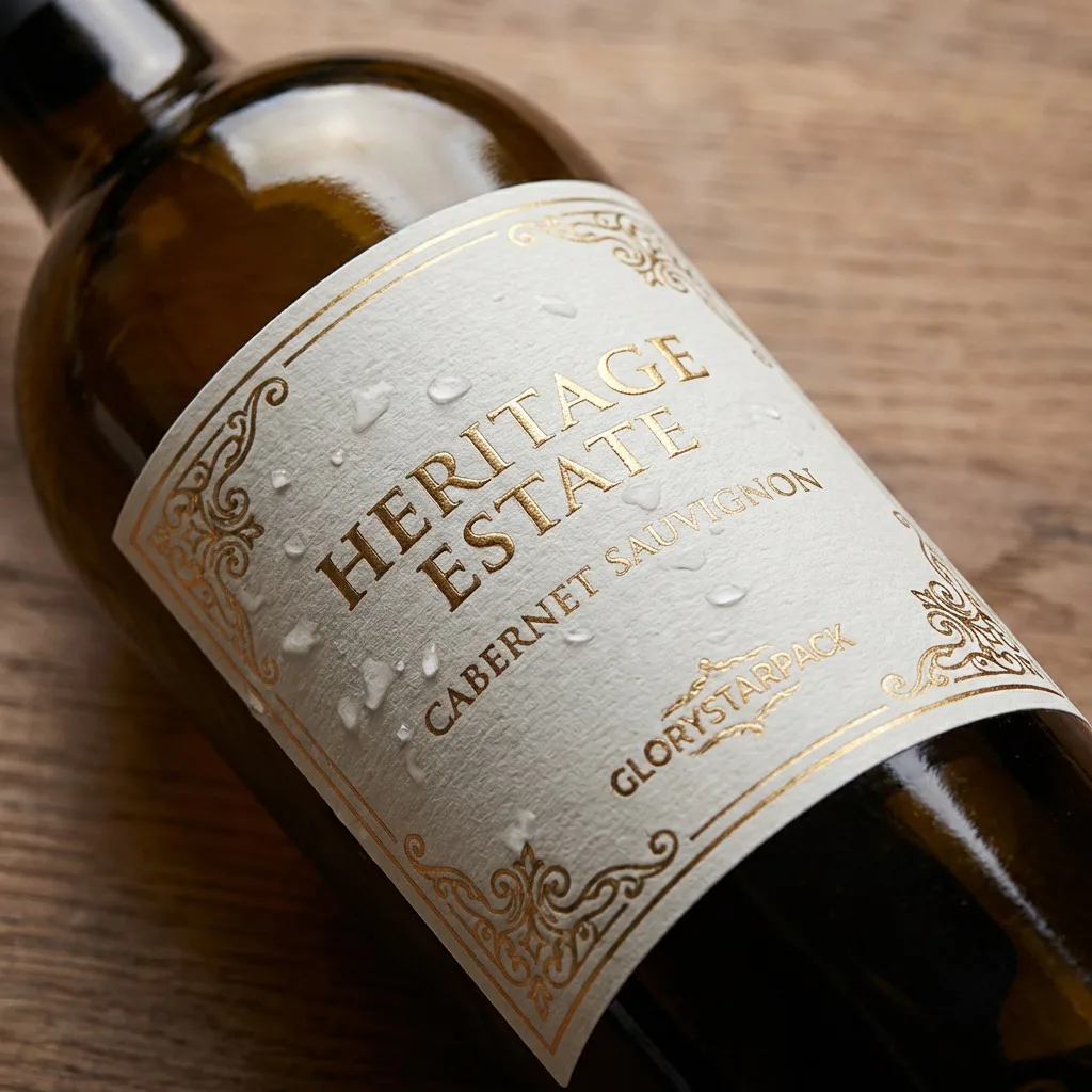 Wine bottle with a paper label shown as a label-position reference for box contact planning